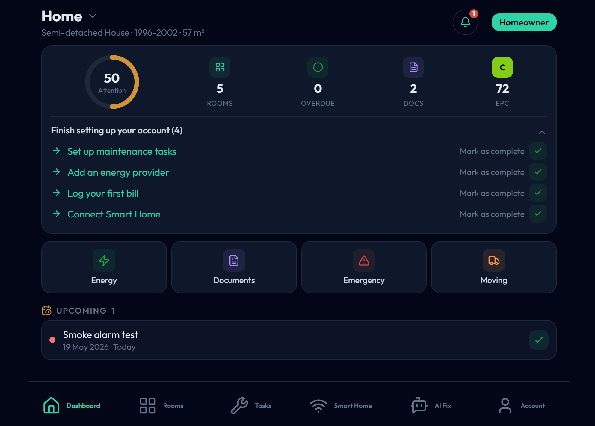 Stead dashboard showing today's tasks, energy summary, document expiry warnings, and the home overview