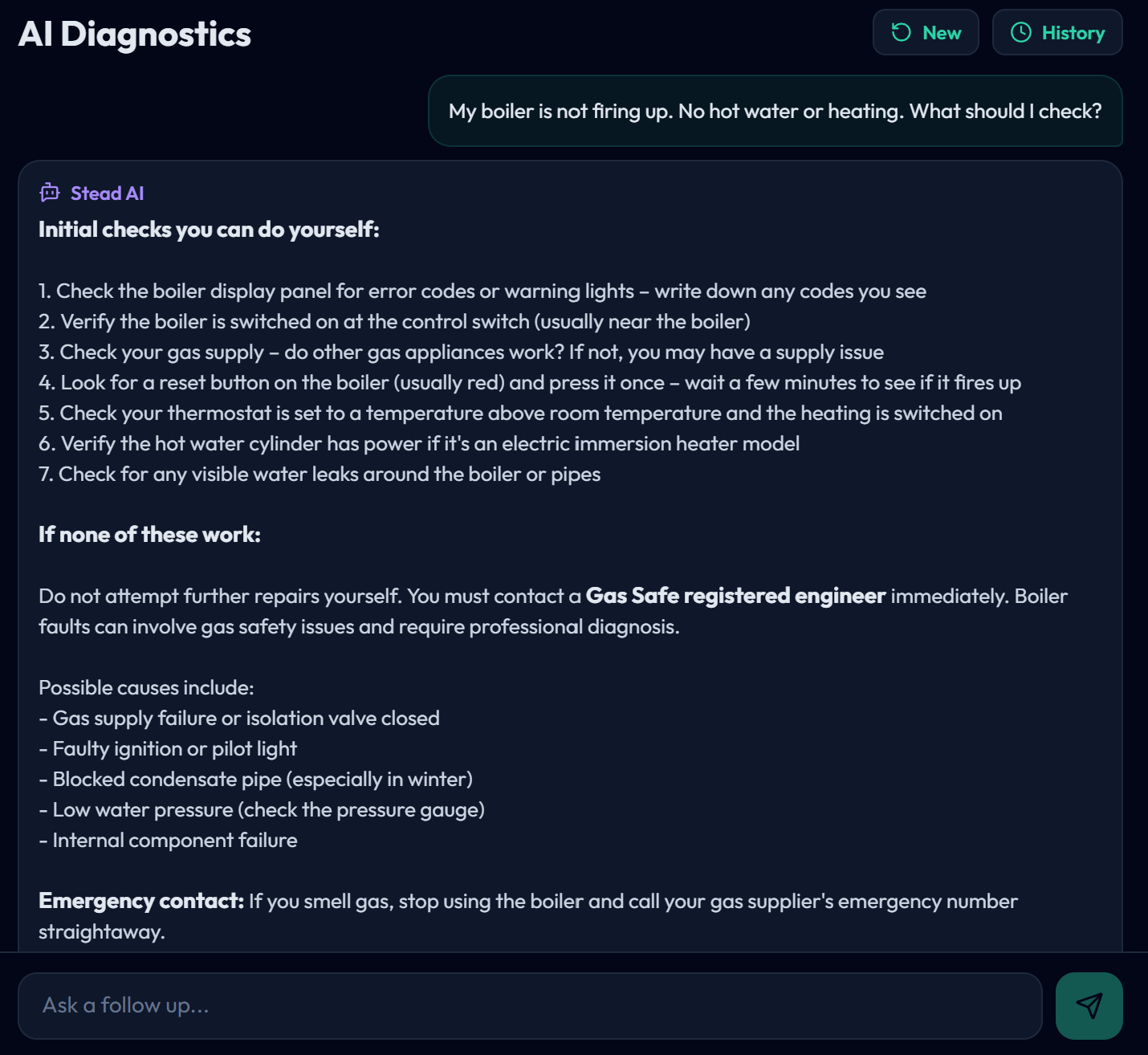 AI diagnostics chat answering a boiler troubleshooting question with checks to do yourself and a Gas Safe engineer prompt