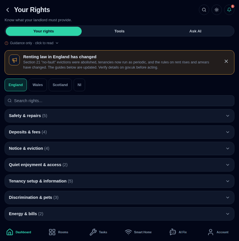 Your Rights screen in renter mode, grouped into safety and repairs, deposits and fees, notice and eviction, with a nation selector