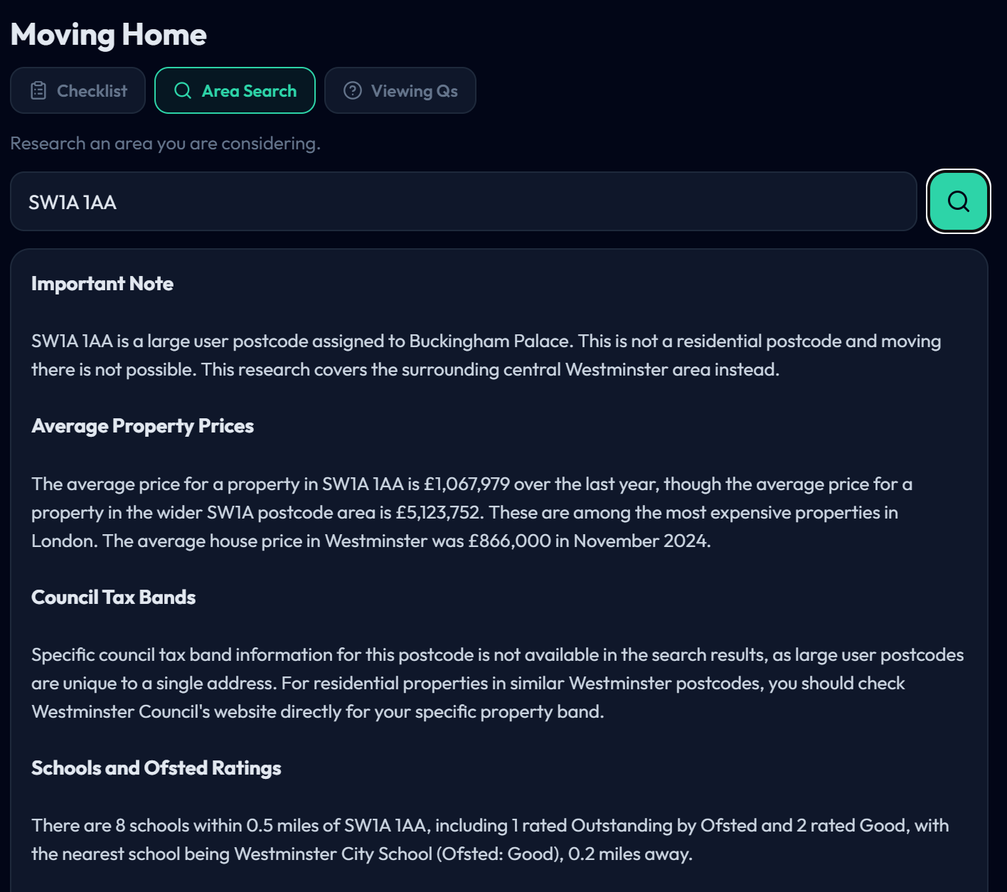 Moving home area search showing average property prices, council tax bands, and schools and Ofsted ratings for a chosen postcode