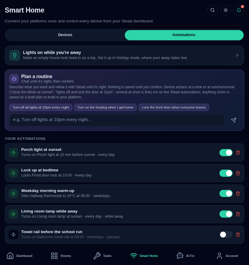 Smart home automations tab showing a plain-language routine builder and five saved automations for porch light, door lock, thermostat and towel rail
