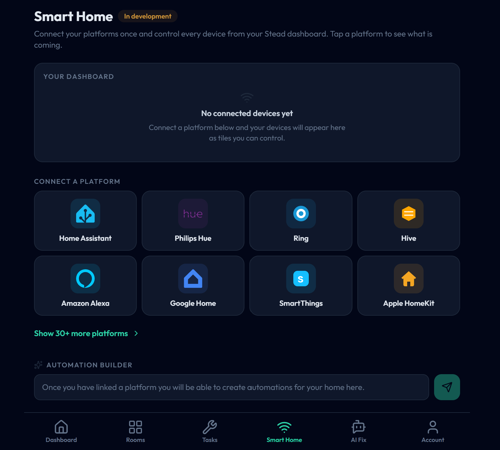 Smart home screen showing the provider picker and the in-development dashboard awaiting connected devices