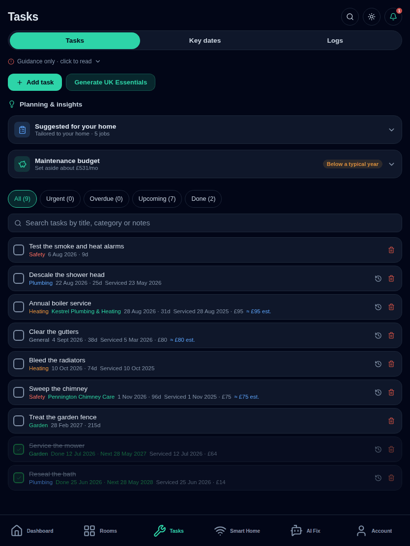 Tasks screen listing recurring home maintenance jobs with their due dates