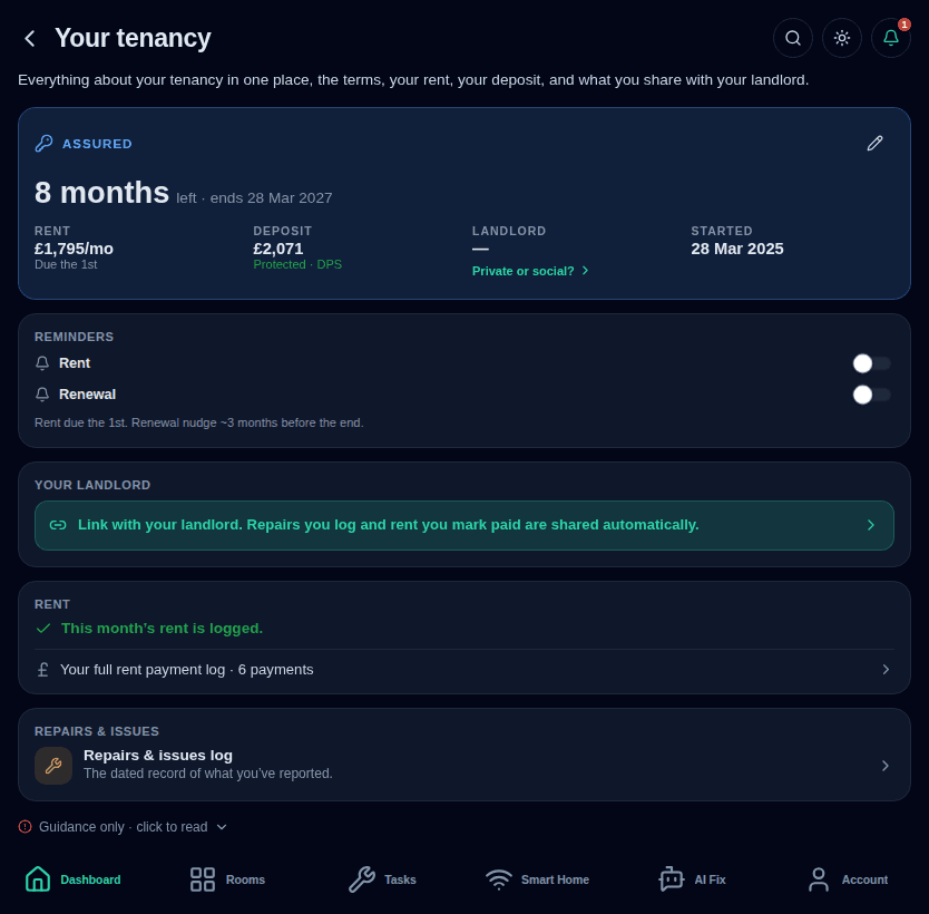Tenancy screen in renter mode showing the tenancy type, months left, rent, protected deposit, rent and renewal reminders, and the repairs log